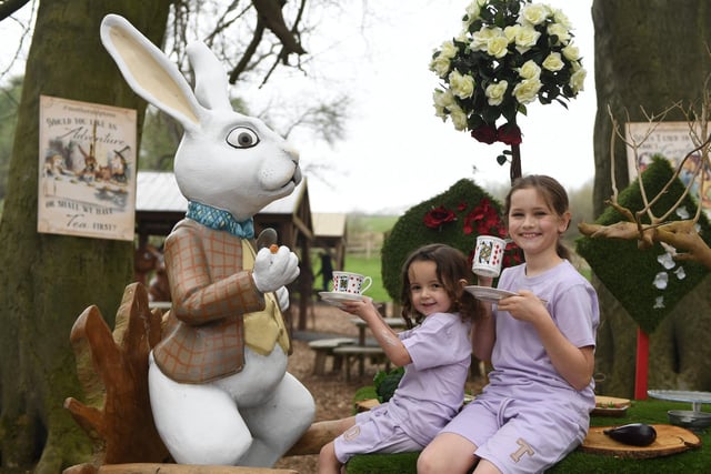 Three-year-old Orla Kenedy and ten-year-old Tiegan Rooney enjoying tea with the March Hare at The Bunny Door Trail in Knaresborough
