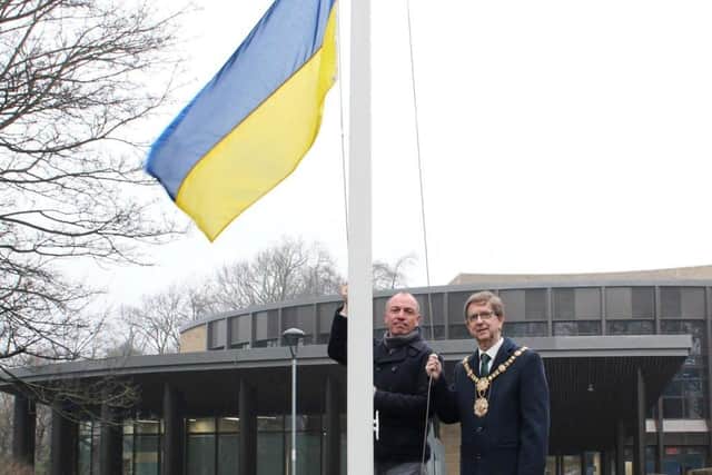 Harrogate Borough Mayor Coun Trevor Chapman and leader of the council Coun Richard Cooper raised the Ukrainian flag at the civic centre in Harrogate on March 2 to show the district’s support for the people of Ukraine.
