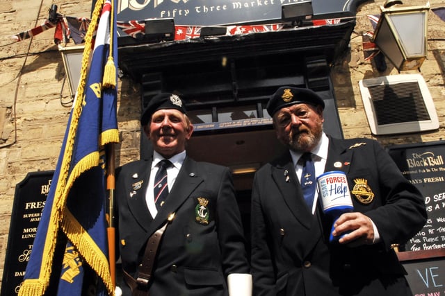 Shipmates Fred Crisp and Tony Pickard at the VE Day celebrations at the Black Bull in Wetherby.