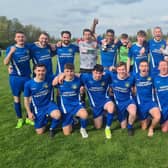 Harrogate Railway Reserves celebrate after bearing Rothwell Juniors to seal promotion from Division Two of the West Yorkshire League. Pictures: Craig Dinsdale