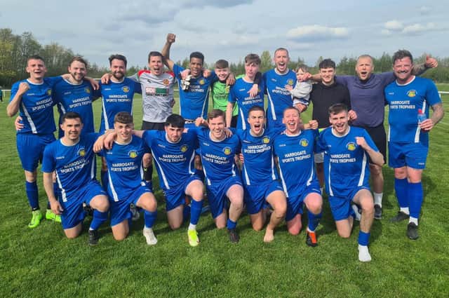 Harrogate Railway Reserves celebrate after bearing Rothwell Juniors to seal promotion from Division Two of the West Yorkshire League. Pictures: Craig Dinsdale