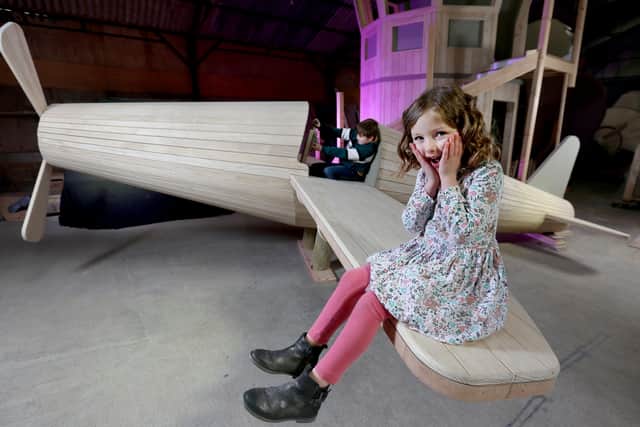 Picture : Lorne Campbell / Guzelian
Sophie Palmer (6) and her brother George (8), try out one of the hand-crafted wooden play pieces that will feature in the £3.5m Playhive - one of Europe’s biggest indoor play centres set to open at Stockeld Park, Wetherby, West Yorkshire, next spring (2022).
Set in the grounds of the 2,000-acre Stockeld Park Estate, the Playhive  will feature a series of themed and interconnected adventure zones set in a doughnut shaped building with a 33-foot high tower at its centre.
The new building will have impressive dimensions, having an internal area of over 20,000 Sq. Ft. The building diameter will be 40 meters.
PICTURE TAKEN ON TUESDAY 6 APRIL 2021 
SEE FULL PRESS RELEASE BELOW

PRESS RELEASE
One of Europe’s largest indoor children’s play centres is set to open at Stockeld Park next spring.

 

Set in the grounds of the 2,000-acre Stockeld Park Estate, close to Wetherby in Yorkshire, the Playhive at Stockeld Park will feature a series of themed and interconnected adventure zones s