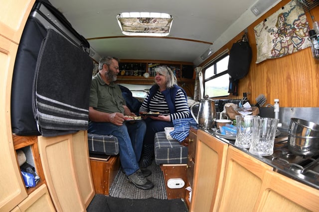 Paul and Amanda Mercer enjoy lunch in their 130 Land Rover Defender