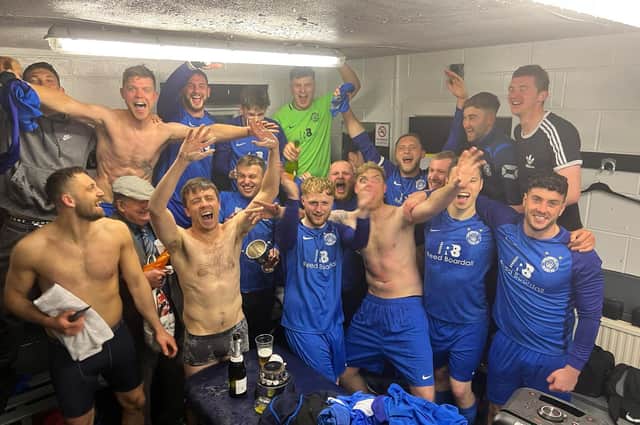 Boroughbridge Reserves celebrate following their Harrogate & District FA Hulme Cup success. Picture: Boroughbridge AFC