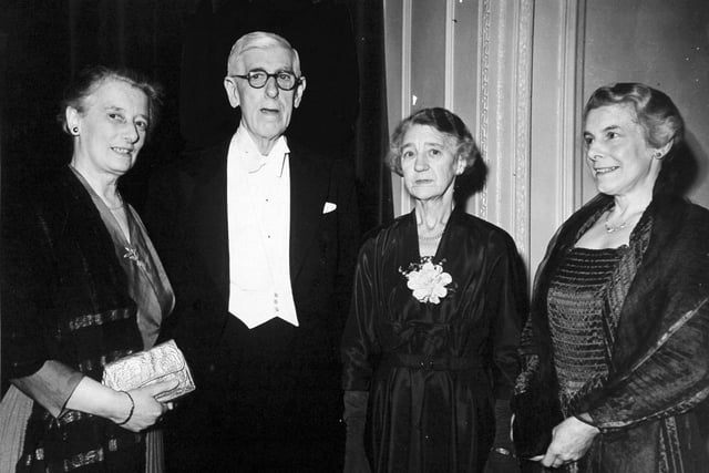 Harrogate, 10th November 1956  Leeds Music Society Dinner The President, Mr. Edward Maude, Mrs. Maude and the joint Honorary Secretaries pictured together at the 25th Season Celebration Dinner held at the Great Northern Hotel on Saturday evening.  Picture shows;- L to R, Miss K. M. Jackson, Mr. Edward Maude, Mrs. E. Maude and Miss L. M. Jowett.