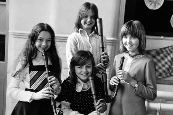 Home-made mediaeval musical instruments were played by pupils of Western County Primary School, Harrogate, in a Youth Week at Harrogate Theatre, 1974.