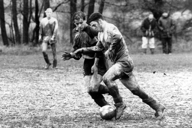 15.11.92 - On the Ball..... Ripon City's Mike Bingham, right, on the attack in the Claro League against Bardsey.