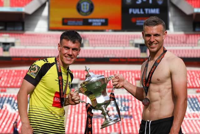 Ryan Fallowfield, left, and Jack Muldoon at Wembley Stadium having helped Harrogate Town to a first-ever promotion to the Football League courtesy of a 3-1 win over Notts County in the 2019/20 National League play-off final.