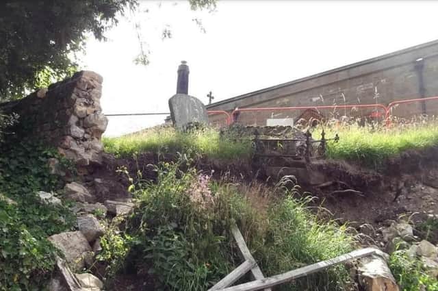 This is the collapsed wall at Kirkby Malzeard's St Andrew’s Church.