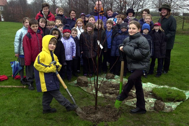 North Stainley children Nicholas Beeney and Kayleigh Lyons plant the Queen's golden jubilee tree.