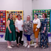 Harrogate Scrubbers celebrations at the Pavilions of Harrogate -  Pictured with the Harrogate Scrubbers quilts are, from left,  Fran Taylor, Claire Strachan, Pam Mullins, Elise Madolyn Johnson, Lisa Sumpton. Picture Gerard Binks