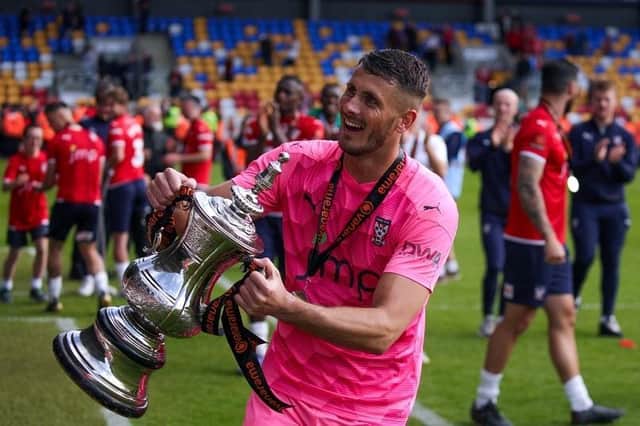 Pete Jameson celebrates after helping York City to victory in the National League North play-off final earlier this month. Picture: Matthew Appleby