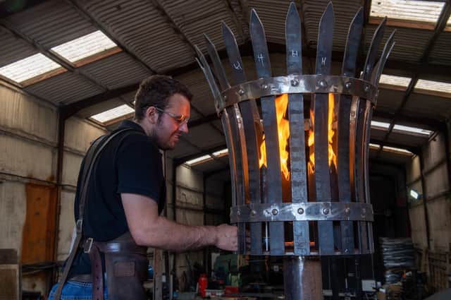 Blacksmith and sculptor Adam Crane, West Tanfield, checks the Jubilee beacon built for North Stainley’s celebrations. Picture Bruce Rollinson