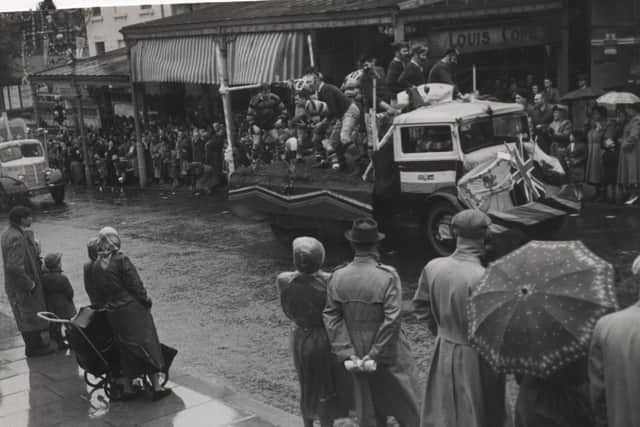Reader Roddy Barnes and Harrogate Rugby Club on a float on Parliament Street in Harrogate on the Queen's Coronation Day in 1953.