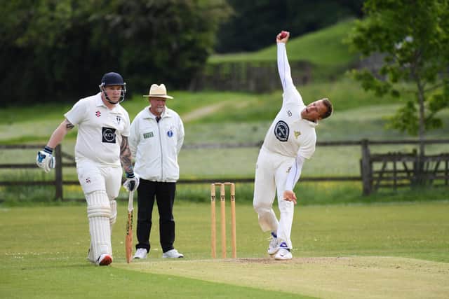 Darley's Michael Beecroft in bowling action during Saturday's Theakston Nidderdale League Division One defeat to Pateley Bridge.