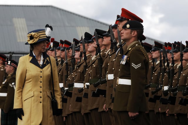 Princess Anne inspects troops at the Passing Out parade at the Army Foundation College Harrogate.
