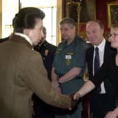 HRH The Princess Royal, Princess Anne, is presented to Wetherby News Chief Reporter Sophie Bradley during her visit to Harewood House.