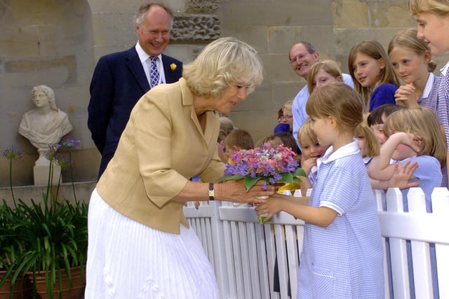 Freya Whiteside(6) of Skelton Newby Hall C of E School presents The Duchess of Cornwall with flowers