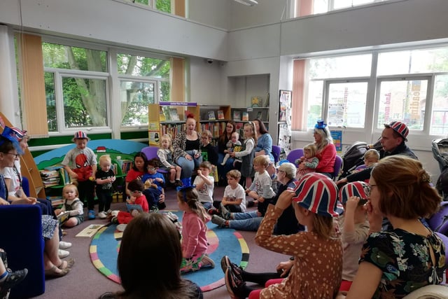 Six pictures showing children enjoying the Queen's Platinum Jubilee at Starbeck Library