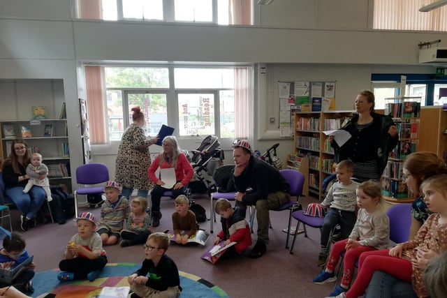 Six pictures showing children enjoying the Queen's Platinum Jubilee at Starbeck Library