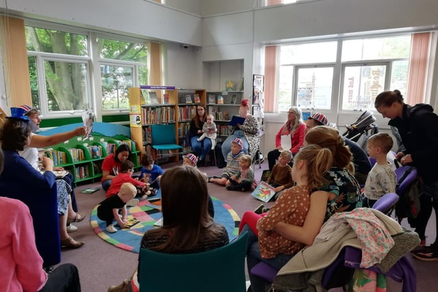 Six pictures showing children enjoying the Queen's Platinum Jubilee at Starbeck Library