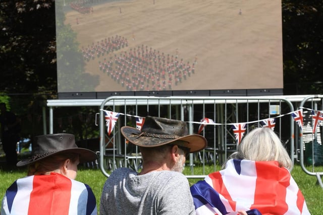 Watching the Trooping the Colour on the big screens at the Jubilee Square in Harrogate.