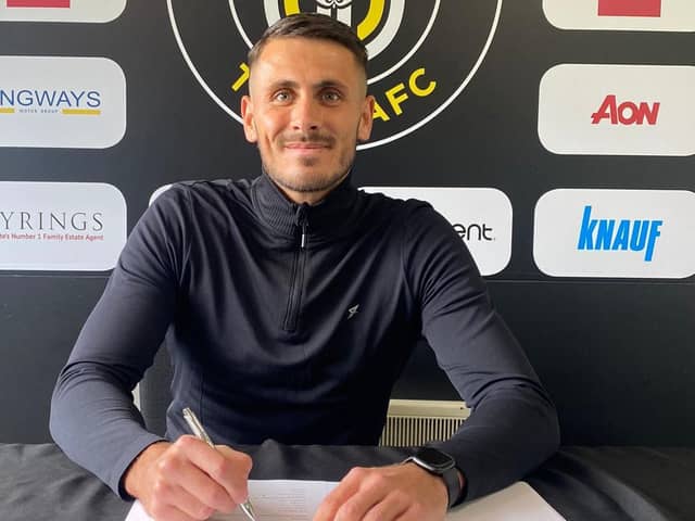 Pete Jameson put pen to paper on a contract with Harrogate Town to become the club's first new signing of the summer. Picture: Harrogate Town AFC