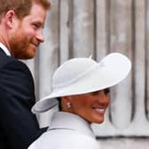 Prince Harry and his wife Meghan, the Duke and Duchess of Sussex, arrive to the National Service of Thanksgiving for The Queen's reign at Saint Paul's Cathedral.
