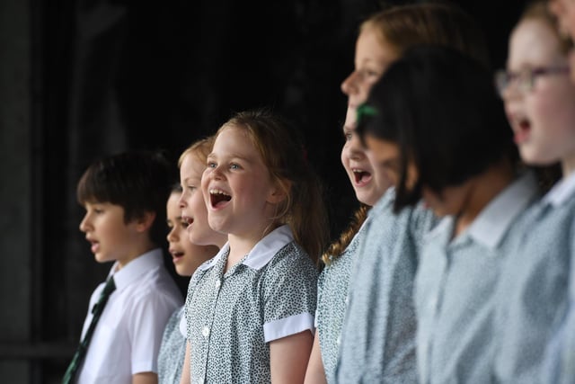 Brackenfield School pupils take part in The Big School Sing on the stage in the Jubilee Square.