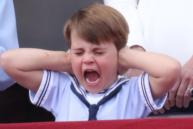 Prince Louis of Cambridge reacts to the RAF flypast during the Trooping the Colour parade.