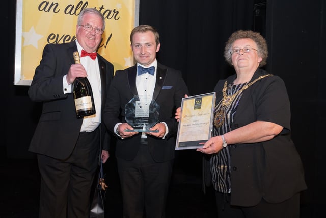 Harry Satloka receives his Harrogate Ambassador of the Year award from John Fox and Mayor Victoria Oldham