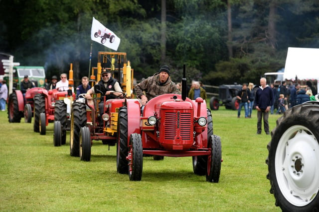 The vintage tractors making their way into the main ring at the show
