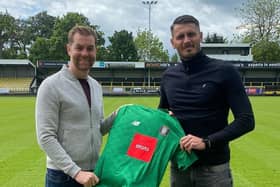 Harrogate Town manager Simon Weaver, left, welcomes Pete Jameson to Wetherby Road. Pictures: Harrogate Town AFC