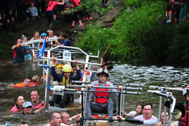 Flashback to the last time Knaresborough Bed Race took place in 2019 with the teams tackling the river crossing. (Picture Gerard Binks)