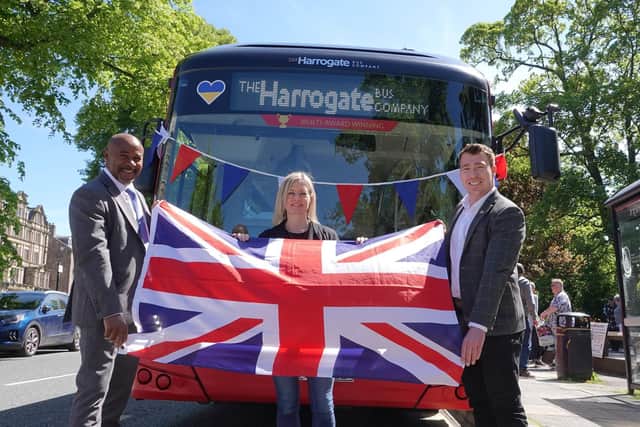 Right royal success - Celebrating the popularity of free electric bus travel are Harrogate Bus Company’s General Manager Steve Ottley; Harrogate BID Chair Sara Ferguson; and Harrogate BID Manager Matthew Chapman.