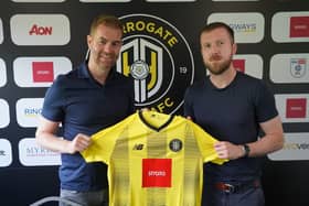 Harrogate Town manager Simon Weaver, left, with new signing Stephen Dooley. Pictures: Harrogate Town AFC