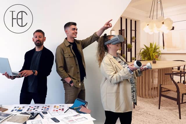 Rob Umpleby, founder of Harrogate-based residential interior design agency The House Collective (left) with designer Jake Harris and a client looking at a 3D visualisation through VR headset.