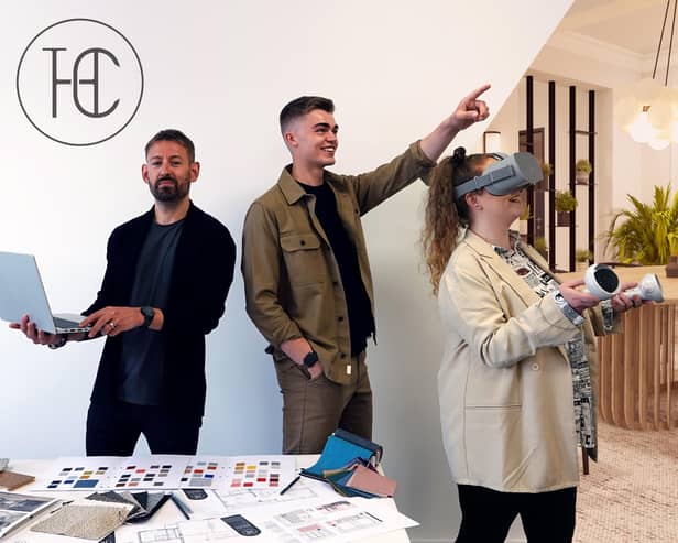 Rob Umpleby, founder of Harrogate-based residential interior design agency The House Collective (left) with designer Jake Harris and a client looking at a 3D visualisation through VR headset.