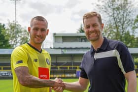 New Harrogate Town recruit Joe Mattock, left, with Sulphurites boss Simon Weaver. Picture: Harrogate Town AFC