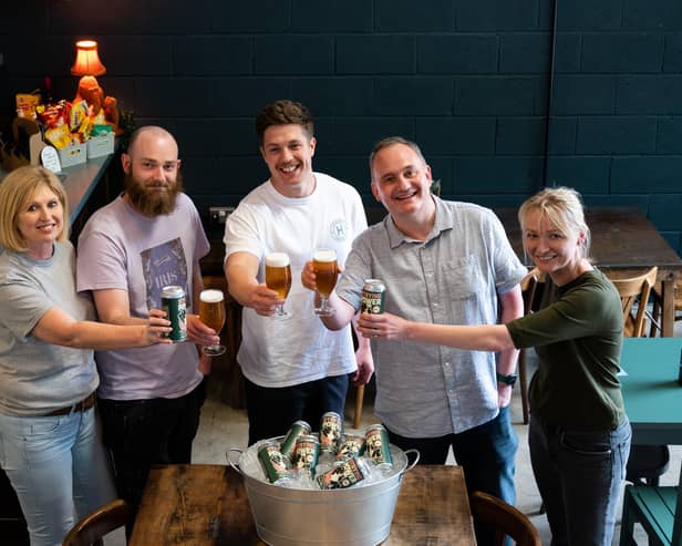 Julie Joyce, Liam McCarthy and Matthew Joyce of Harrogate Brewing Co, with Mark Gledhill and Polly Woodvine of Extreme toast the creation of Staying Power, a limited edition IPA brewed by Harrogate Brewing Co in celebration of Extreme's 20 years in business.