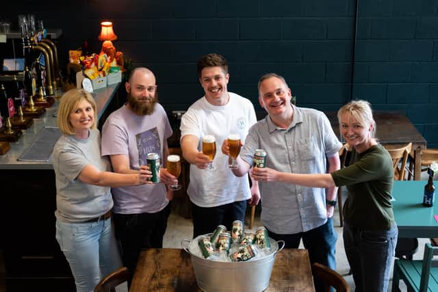 Julie Joyce, Liam McCarthy and Matthew Joyce of Harrogate Brewing Co, with Mark Gledhill and Polly Woodvine of Extreme toast the creation of Staying Power, a limited edition IPA brewed by Harrogate Brewing Co in celebration of Extreme's 20 years in business.