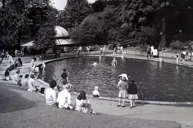 This picture shows activity in the Valley Gardens paddling pool in the 1950s