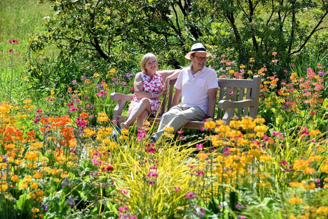 Visitors enjoying the flowers in bloom at RHS Garden Harlow Carr