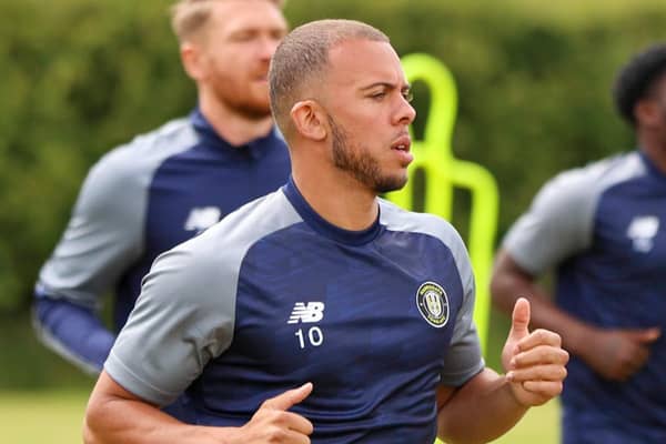 Transfer-listed striker Aaron Martin training with Harrogate Town during their first pre-season session. Pictures: Matt Kirkham