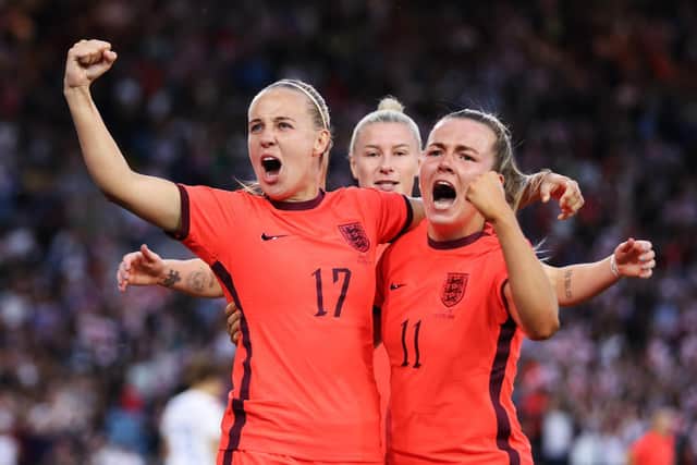 Beth Mead of England celebrates scoring their side's second goal with teammates Lauren Hemp during the Women's International friendly match between England and Netherlands at Elland Road on June 24, 2022. (Photo by George Wood/Getty Images)
