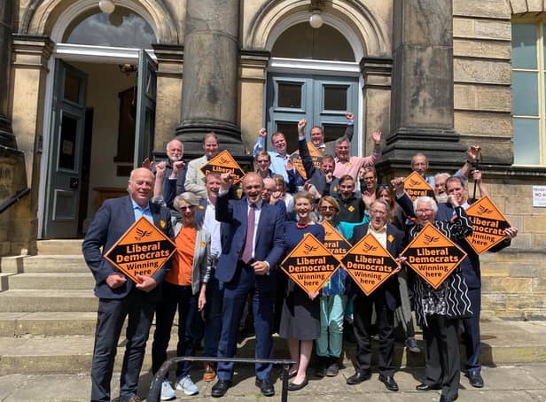 Harrogate Lib Dems outside the Wesley Centre with the party’s leader Sir Ed Davey. yesterday, front centre left, and Harrogate leader Coun Pat Marsh, front right, Wednesday.