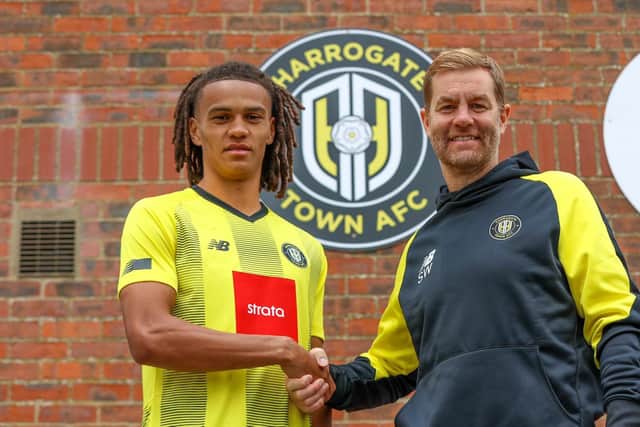 Miles Welch-Hayes with Harrogate Town manager Simon Weaver. Picture: Harrogate Town AFC