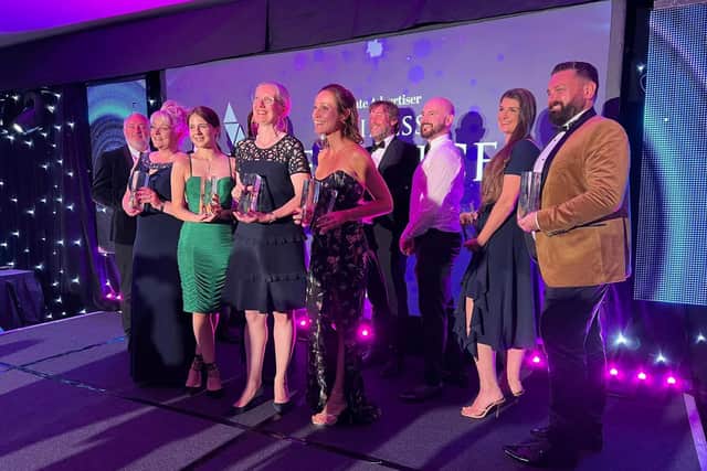 The winners at the Harrogate Advertiser's Business Awards 2022 including, front centre, Fiona Movley of Harrogate International Festivals, winner of the Lifetime Achievement Award sponsored by Nicholls Tyreman.