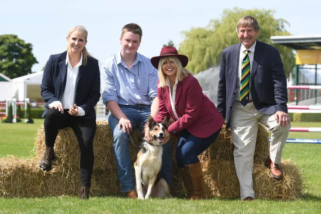 Tom Sampson (sheep dog champion), Lizzie Jones (singer), Christine Talbot (TV presenter) and Charles Mills (Show Director) with Moss the border collie