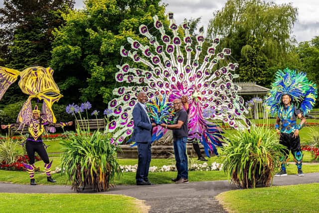 Members from High Esteem Carnival Designs meet Wallace Sampson in Valley Gardens ahead of the Harrogate Carnival being held on Saturday, July 30.